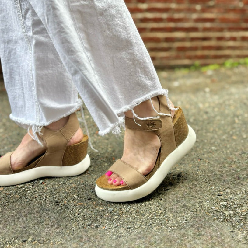 FLY LONDON GOGO967FLY WEDGE SANDAL IN TAUPE NUBUCK the Urban Shoe Myth