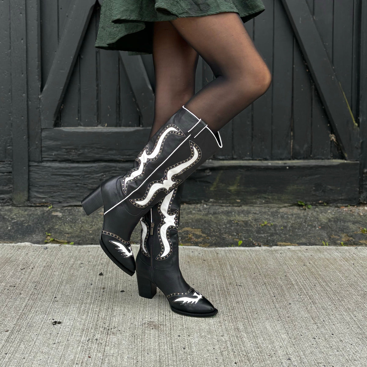 MOLLINI LURVA TALL WESTERN BOOT IN BLACK WHITE LEATHER