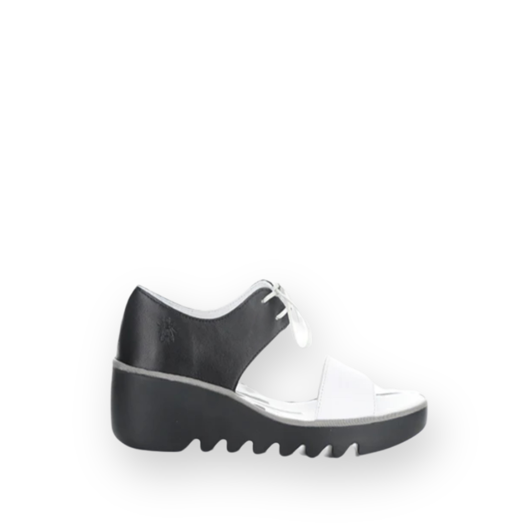 FLY LONDON BILU465FLY WEDGE SANDAL IN BLACK WHITE LEATHER the Urban Shoe Myth