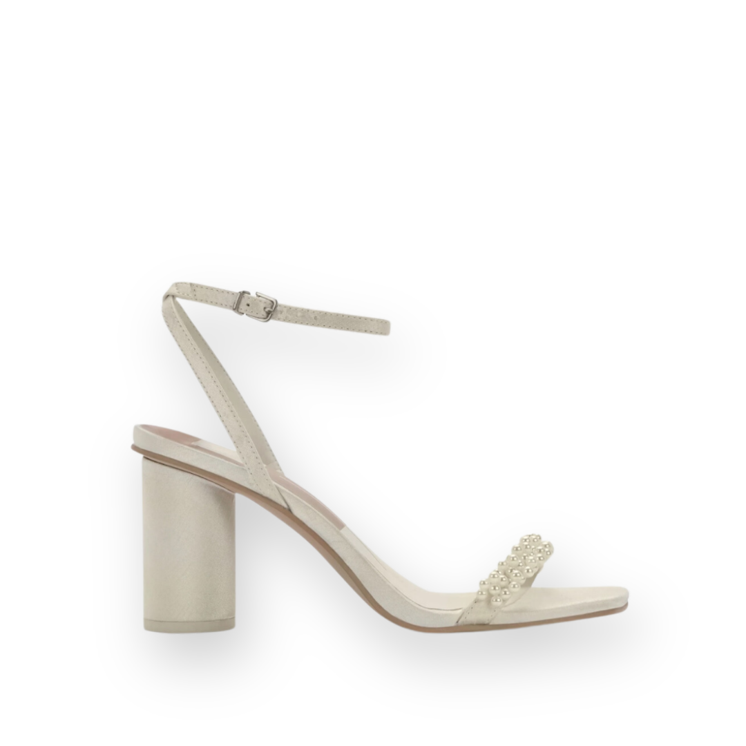 DOLCE VITA NORY HEELED SANDAL IN VANILLA PEARL TEXTILE the Urban Shoe Myth