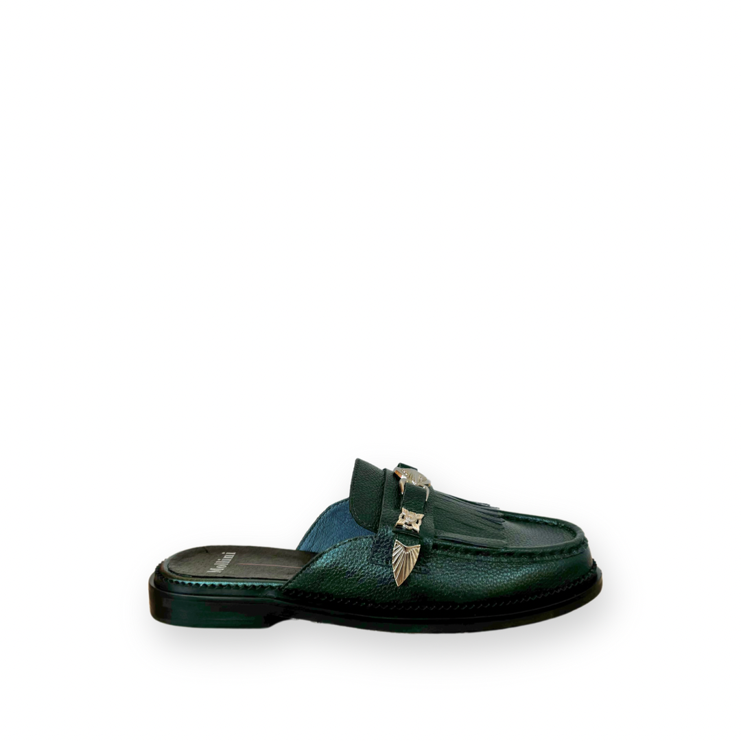 MOLLINI GENEH MULE IN DARK GREEN METALLIC LEATHER the Urban Shoe Myth