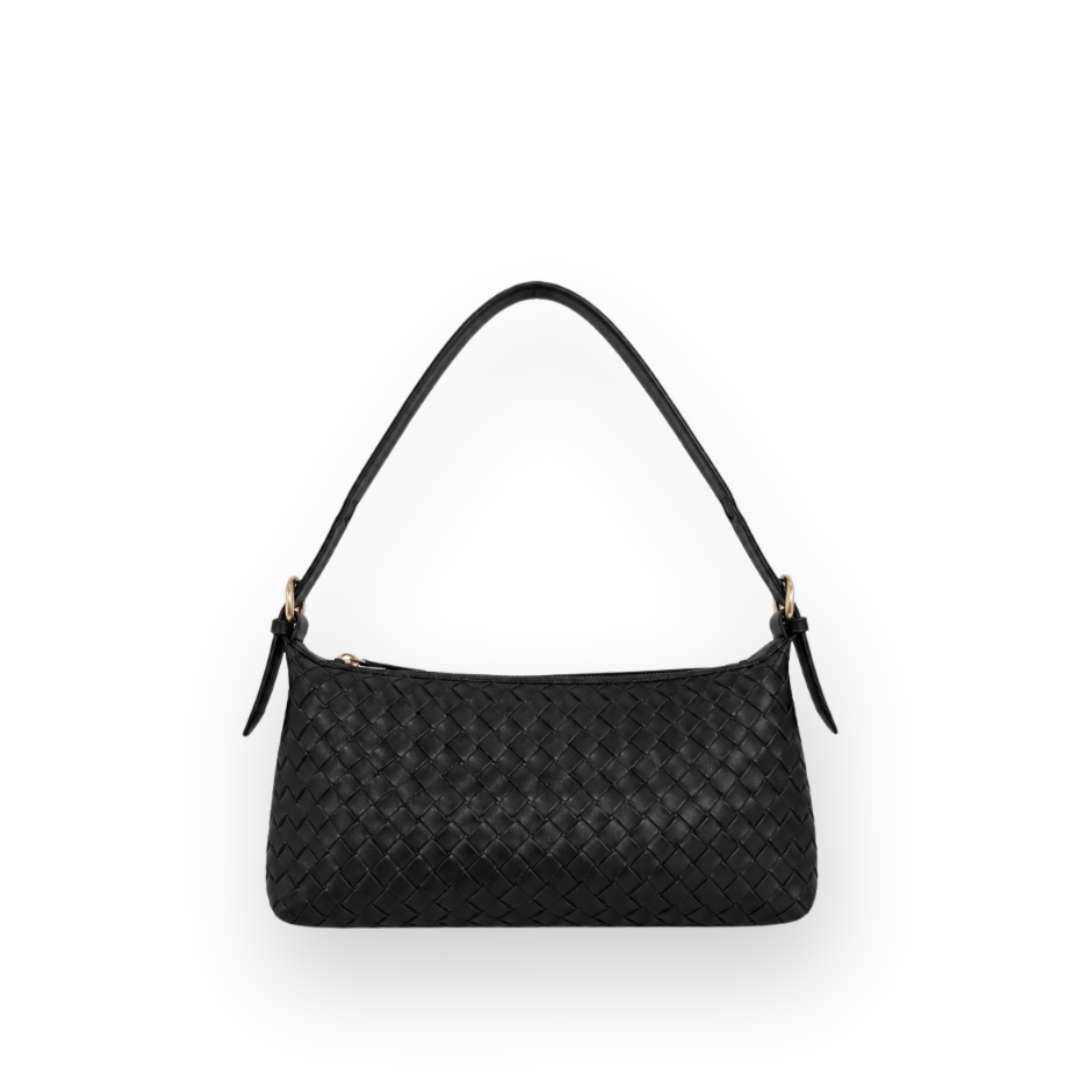 RISA - RHEA WOVEN SHOULDER BAG IN BLACK LEATHER
