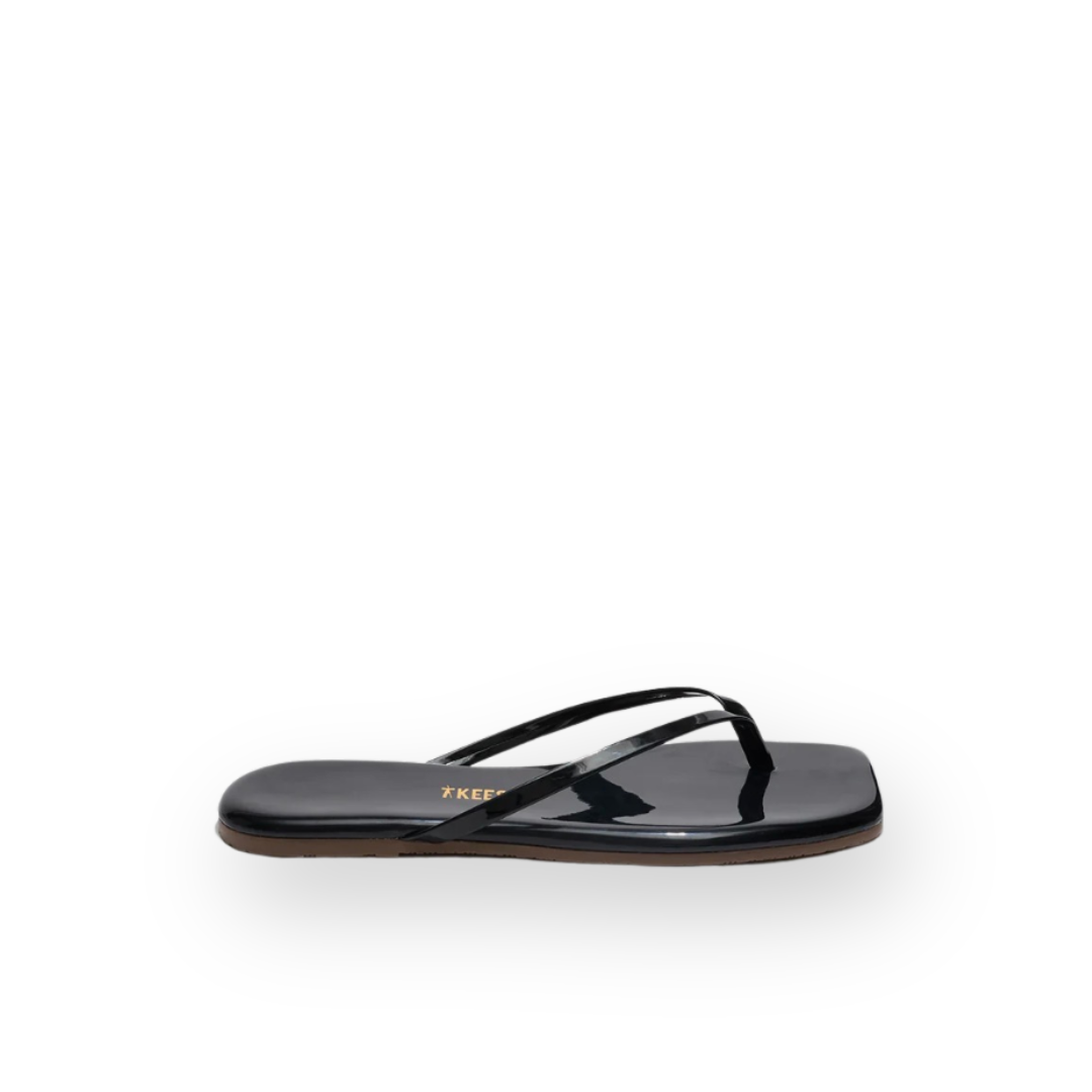 TKEES - LILY SQUARE TOE THONG SANDAL IN LICORICE GLOSS LEATHER