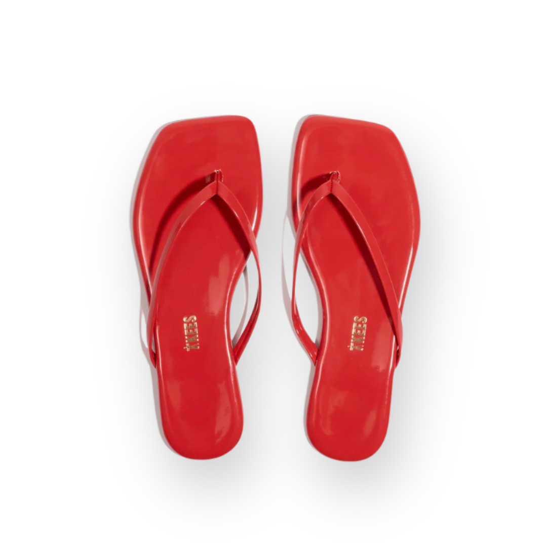TKEES - LILY SQUARE TOE THONG SANDAL IN RED GLOSS LEATHER