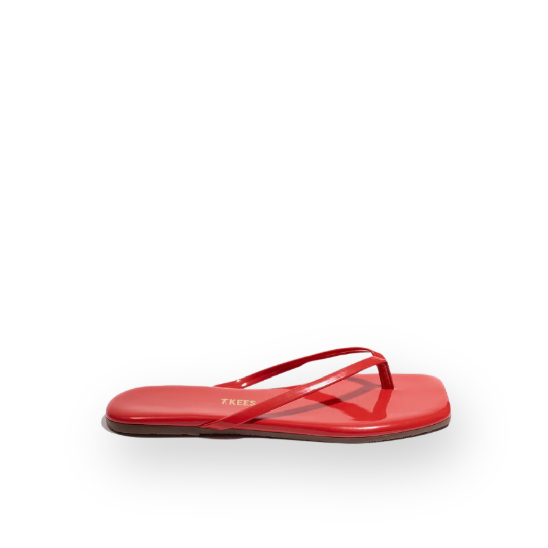 TKEES - LILY SQUARE TOE THONG SANDAL IN RED GLOSS LEATHER