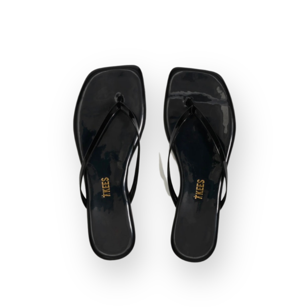 TKEES - LILY SQUARE TOE THONG SANDAL IN LICORICE GLOSS LEATHER