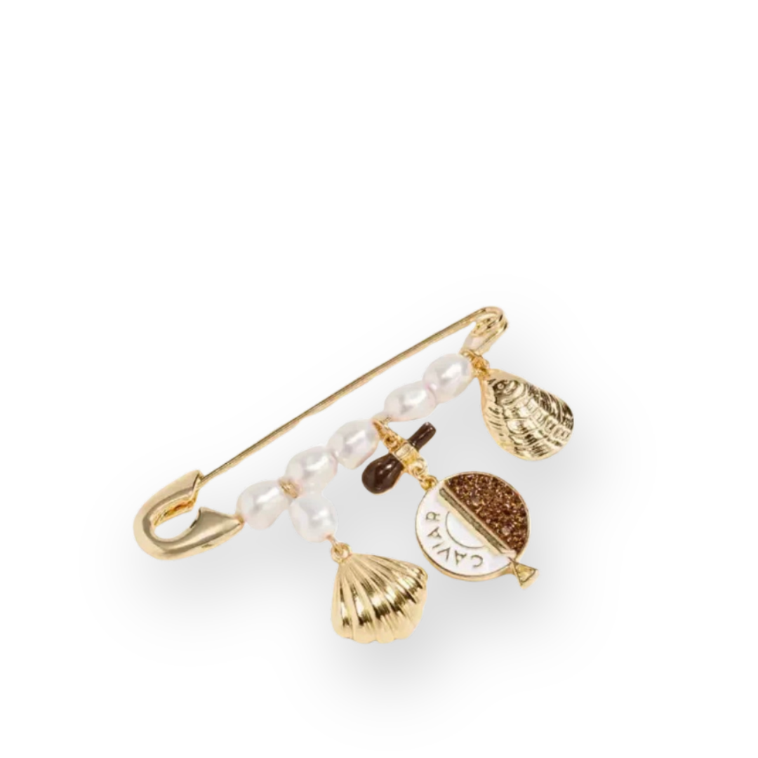 FREM - PEARL & CAVIAR CHARM SAFETY PIN BROOCH IN GOLD