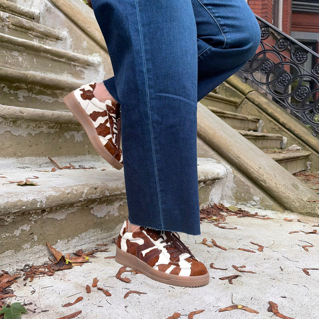 MIZ MOOZ - ODYSSEY SNEAKER IN BROWN COW PRINT PONY HAIR