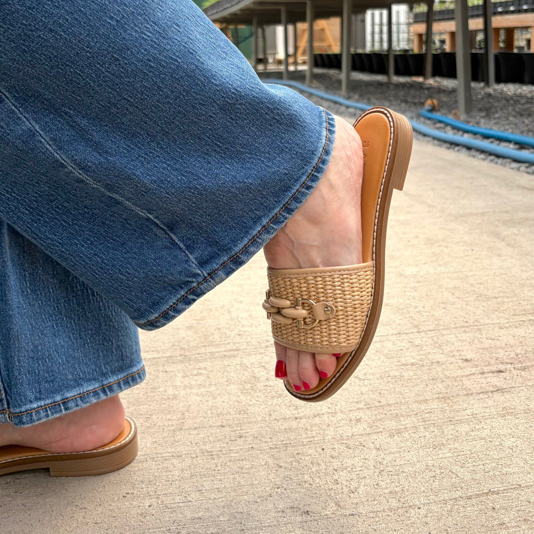 ATELIERS - BEA SLIDE SANDAL IN BEIGE LEATHER/RAFFIA