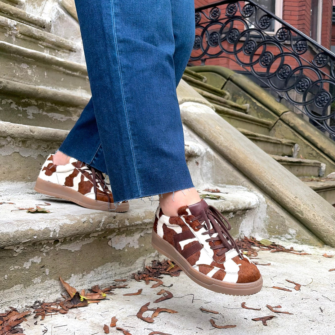 MIZ MOOZ - ODYSSEY SNEAKER IN BROWN COW PRINT PONY HAIR
