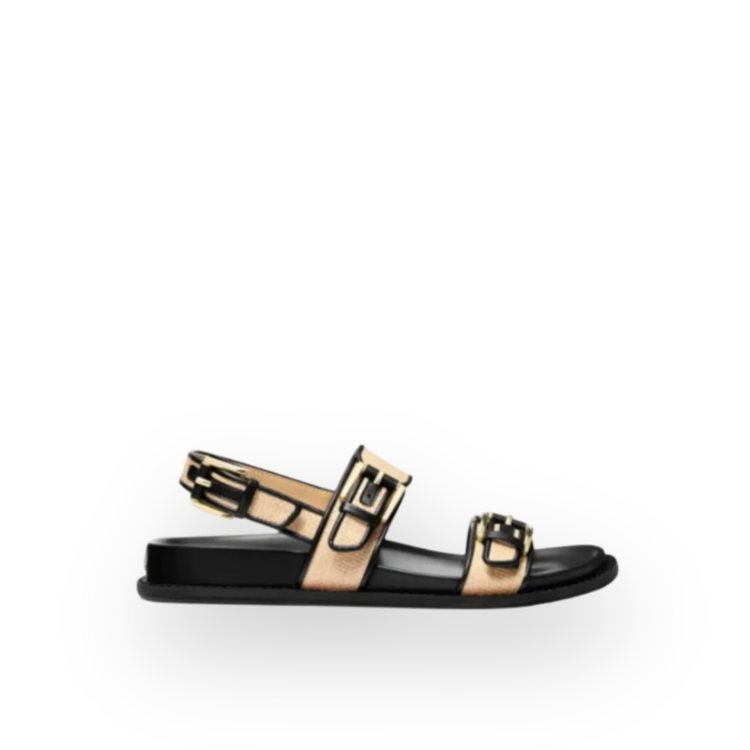 MICHAEL KORS - NIA SANDAL IN NATURAL RAFFIA/BLACK LEATHER
