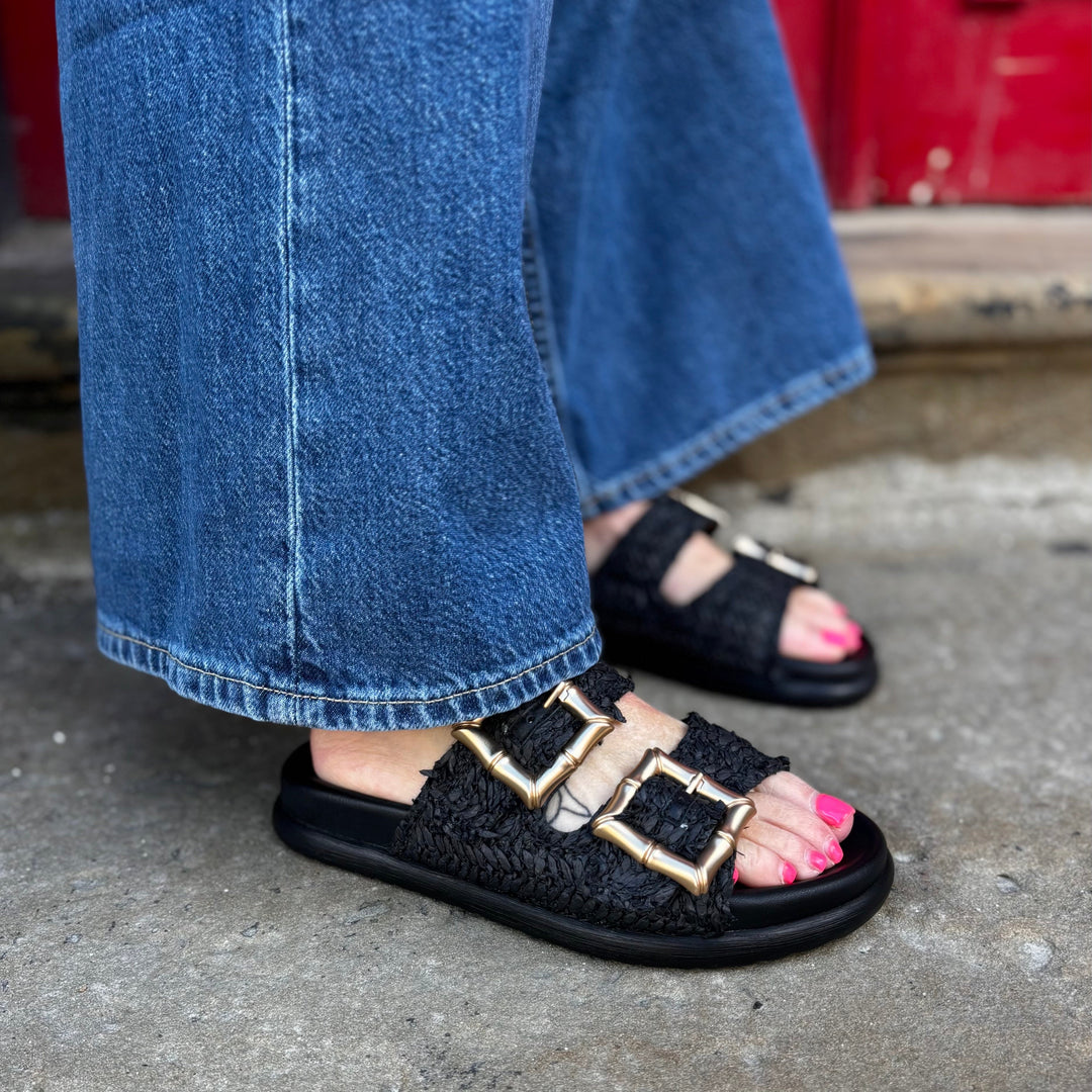 ATELIERS - ALAYA SLIDE SANDAL IN BLACK RAFFIA LEATHER