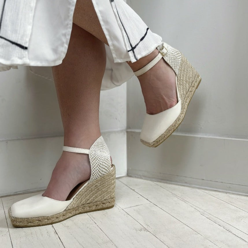 ATELIERS - PAISLEY ESPADRILLE WEDGE IN WHITE LEATHER