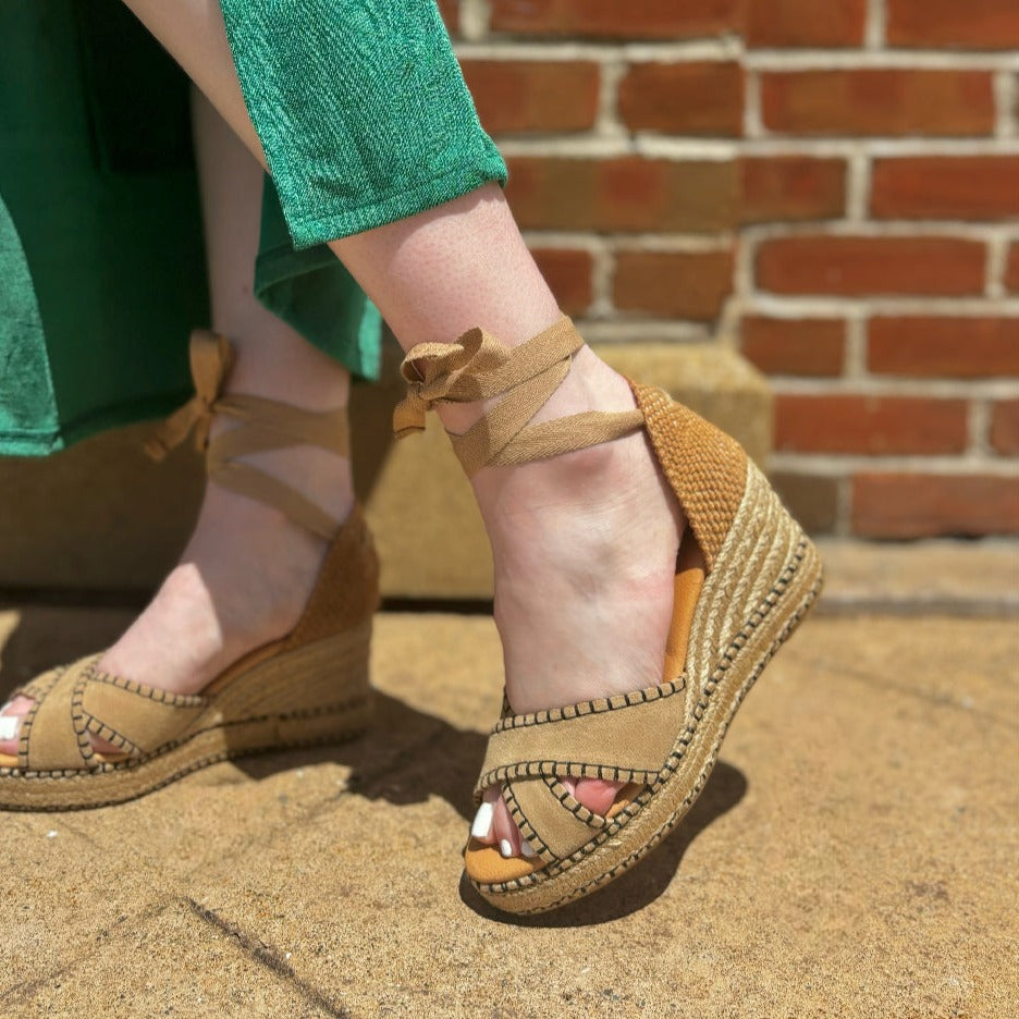 ATELIERS - PALMA ESPADRILLE WEDGE SANDAL IN TAN LEATHER