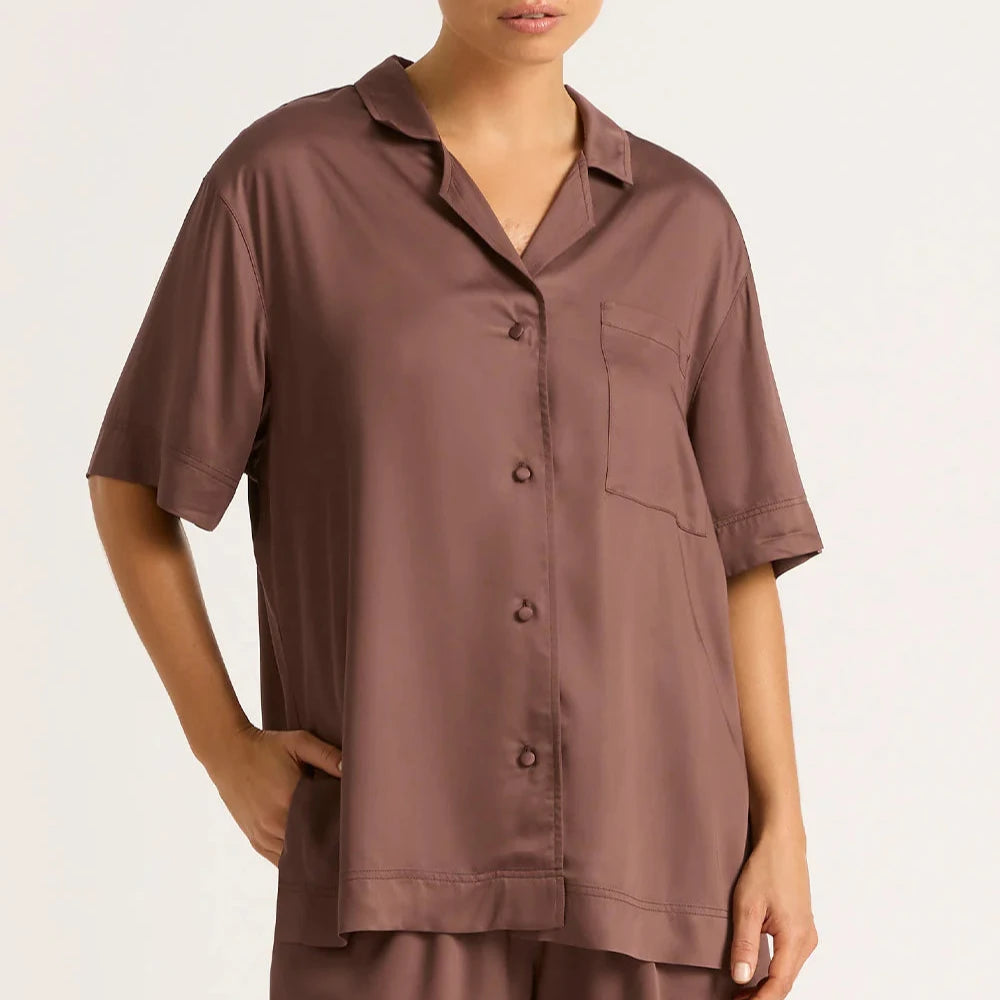 BOODY - SHORT SLEEVE SLEEP SHIRT IN GARNET VEGAN SILK