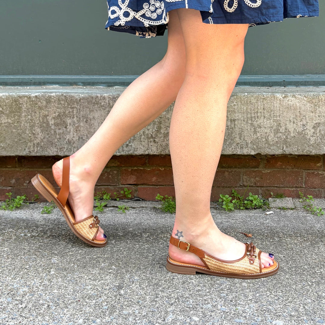 ATELIERS - BEATRICE SLINGBACK SANDAL IN TAN LEATHER/RAFFIA