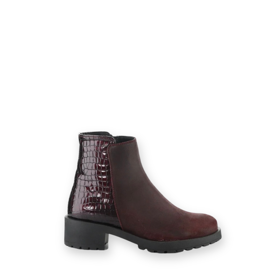 BOS & CO - ALIZE BOOT IN WINE SUEDE/BORDO CROCO PATENT LEATHER