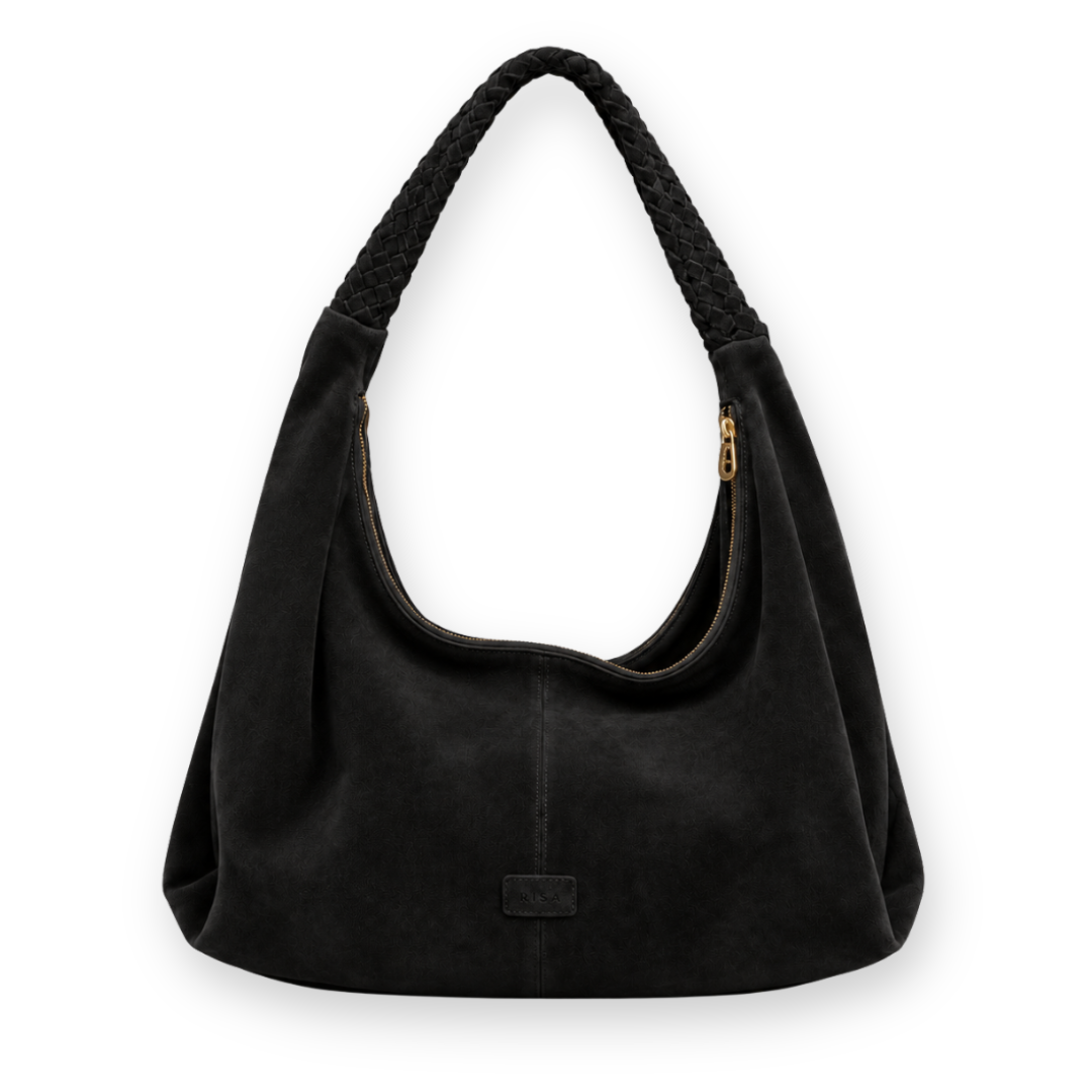 RISA - KATE WEAVE SLOUCHY BAG IN BLACK SUEDE