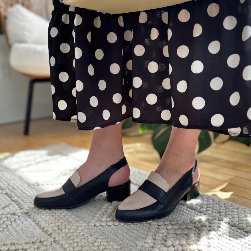 MIZ MOOZ - ROMI SLINGBACK LOAFER IN BLACK/CREAM LEATHER