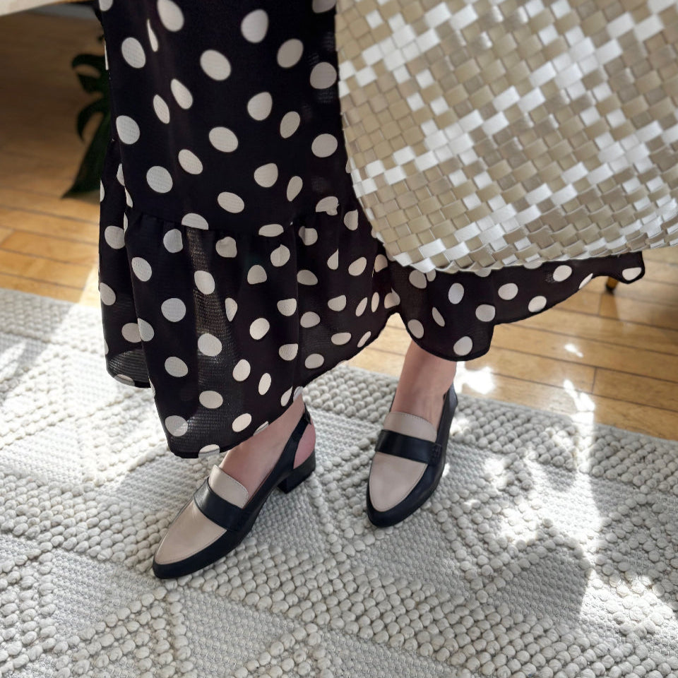 MIZ MOOZ - ROMI SLINGBACK LOAFER IN BLACK/CREAM LEATHER