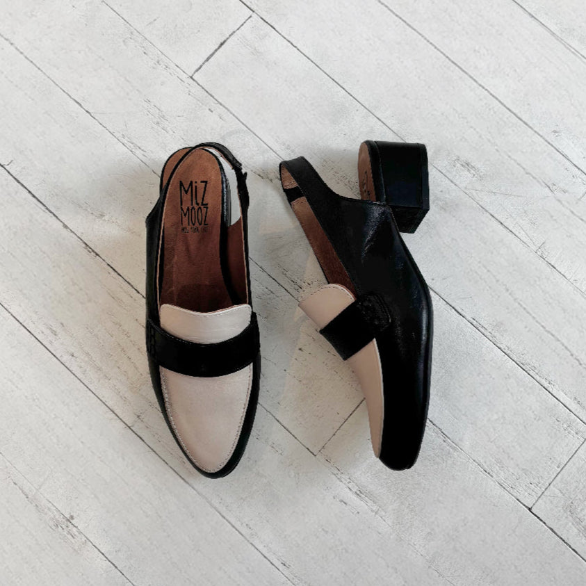 MIZ MOOZ - ROMI SLINGBACK LOAFER IN BLACK/CREAM LEATHER