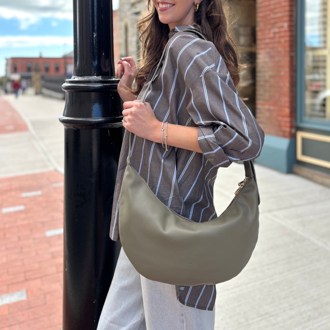 ELA HANDBAGS - SLOUCHY CROSSBODY BAG IN OLIVE VEGAN PEBBLED LEATHER