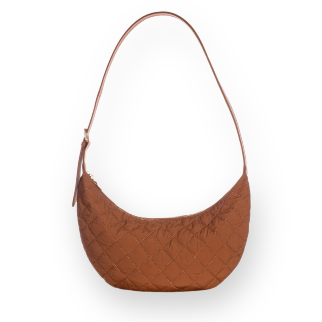 ELA HANDBAGS - QUILTED SLOUCHY CROSSBODY BAG IN WALNUT RECYCLED NYLON