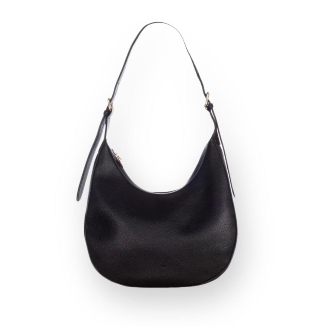 ELA HANDBAGS - HOBO SHOULDER  BAG IN BLACK PEBBLED VEGAN LEATHER