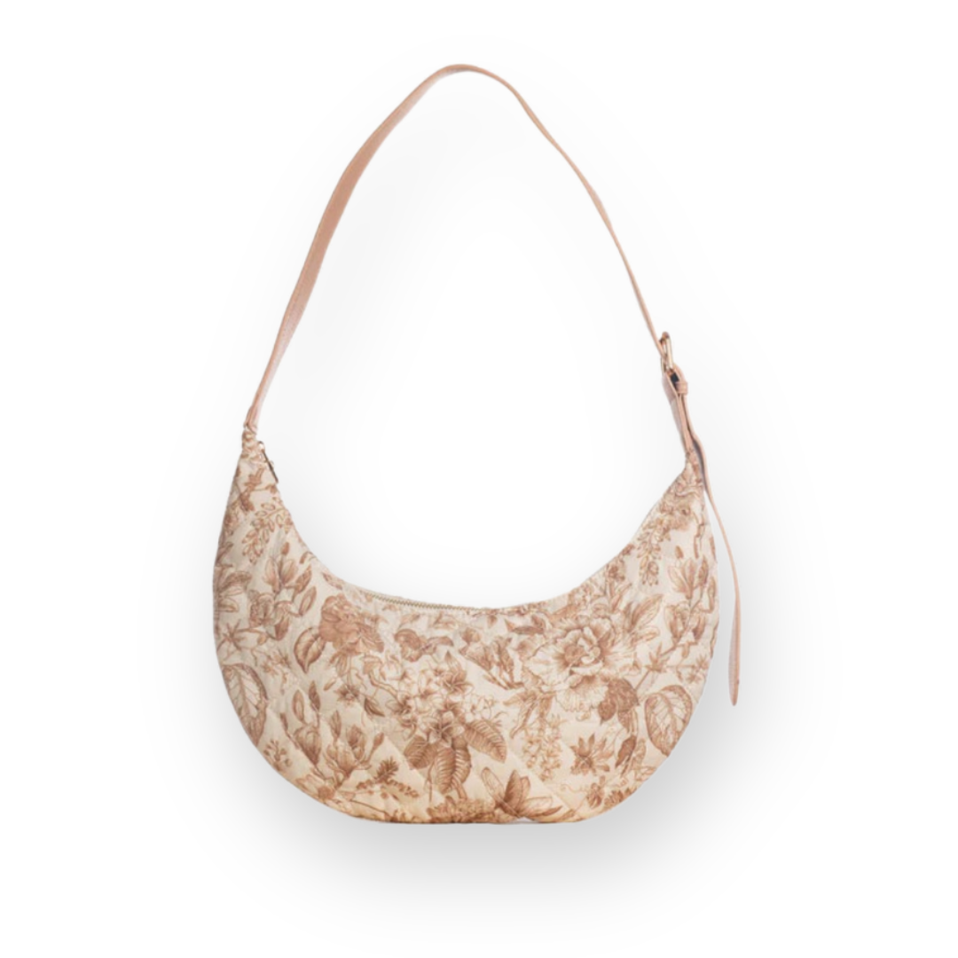 ELA HANDBAGS - QUILTED SLOUCHY CROSSBODY BAG IN TOILE PRINT RECYCLED NYLON