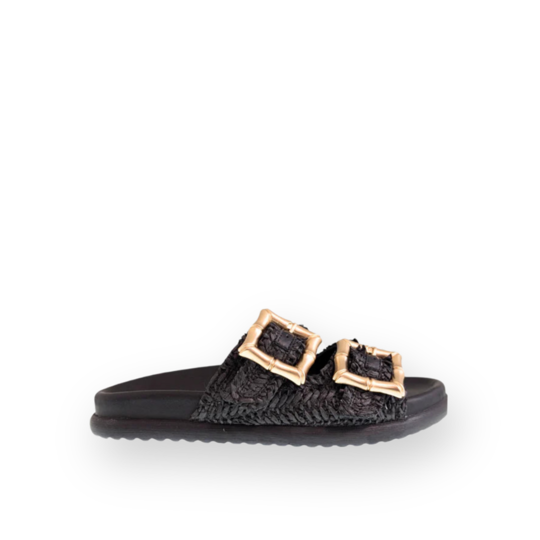 ATELIERS - ALAYA SLIDE SANDAL IN BLACK RAFFIA LEATHER