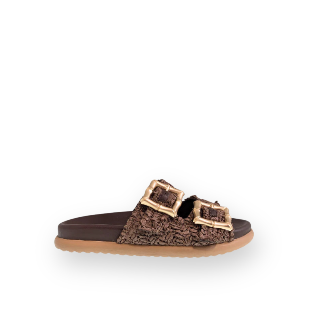 ATELIERS - ALAYA SLIDE SANDAL IN BROWN RAFFIA LEATHER