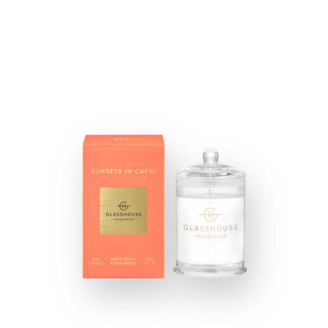 GLASSHOUSE FRAGANCES - MINI SOY CANDLE IN SUNSETS IN CAPRI - 60G