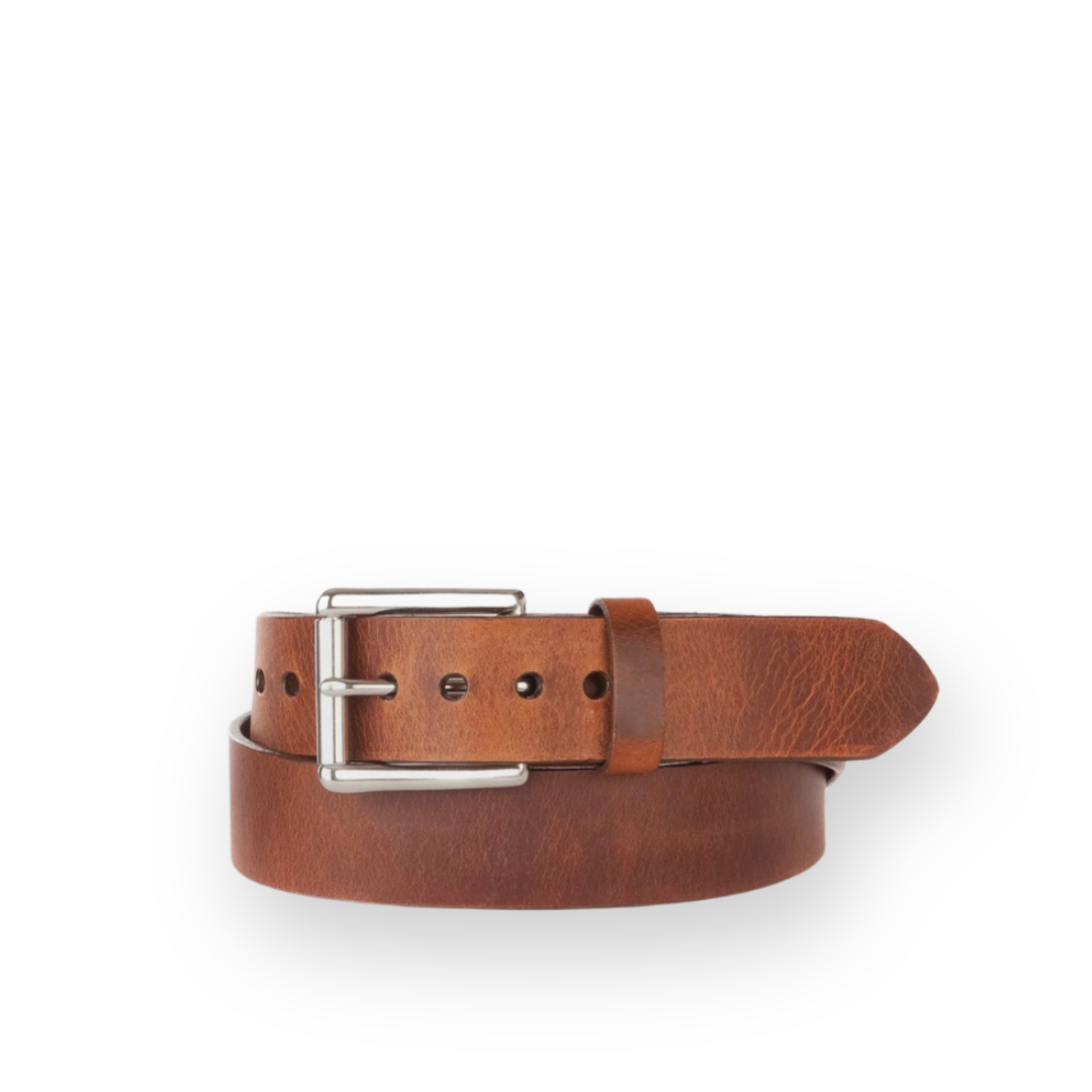 BRAVE LEATHER - MEN'S CLASSIC LEATHER BELT IN BRANDY/SILVER