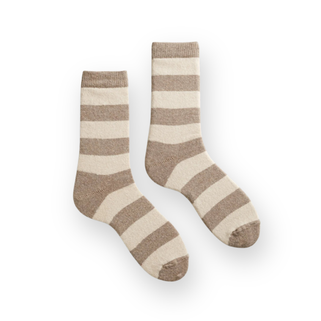 LISA B. - WOMEN'S RUGBY STRIPE WOOL CREW SOCK IN MUSHROOM CASHMERE