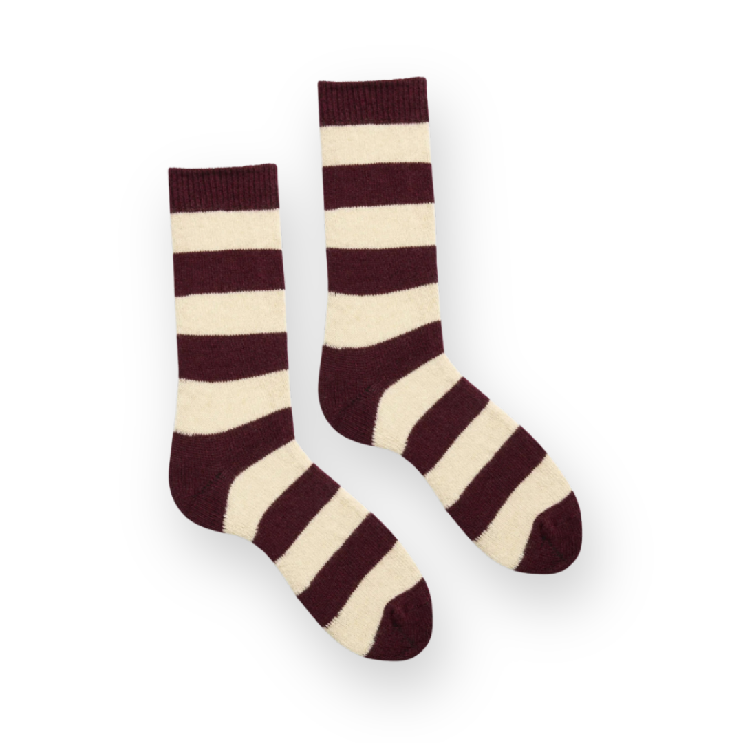 LISA B. - WOMEN'S RUGBY STRIPE WOOL CREW SOCK IN BURGUNDY CASHMERE