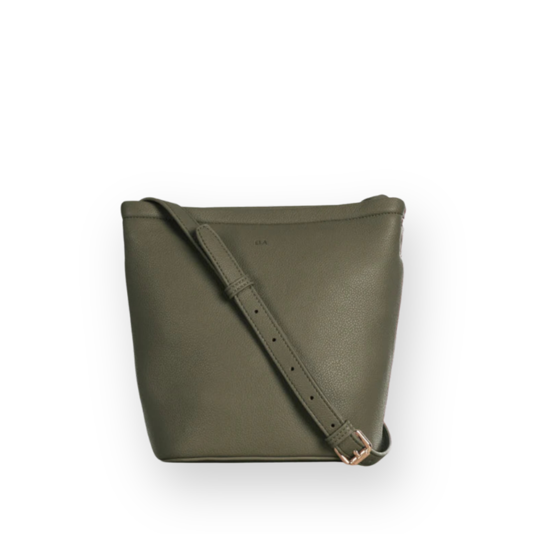 ELA HANDBAGS - MINI MIA BUCKET BAG IN OLIVE VEGAN PEBBLED LEATHER