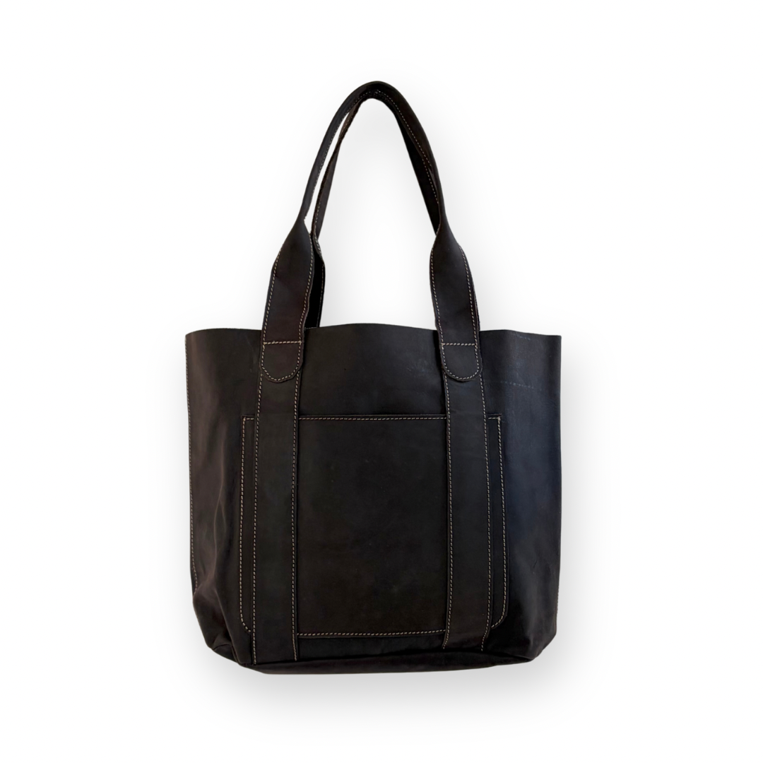 RISA - THREADED POCKET TOTE BAG IN DARK BROWN OILED LEATHER