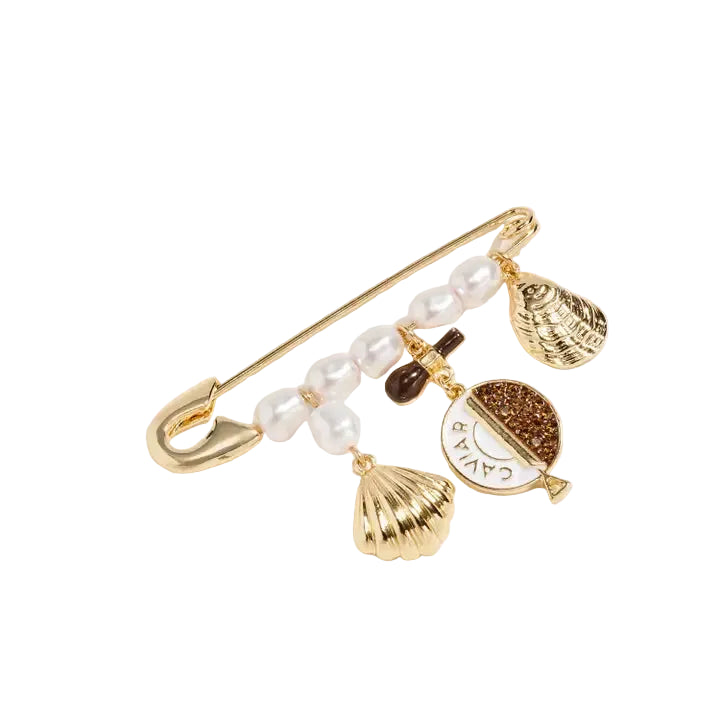 FREM - GOLD TONE PEARL & CAVIAR CHARM SAFETY PIN BROOCH