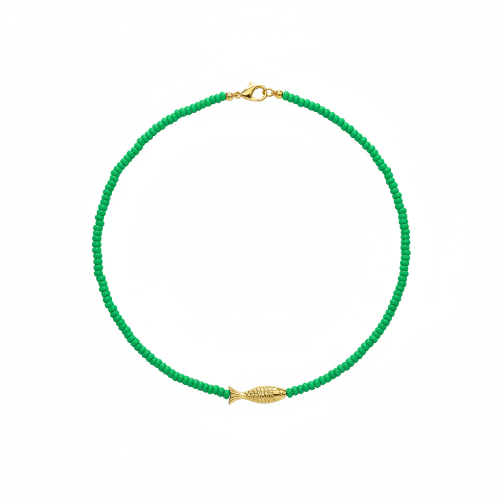 THE SILVER WREN - LUCKY FISH BEADED NECKLACE IN KELLY GREEN