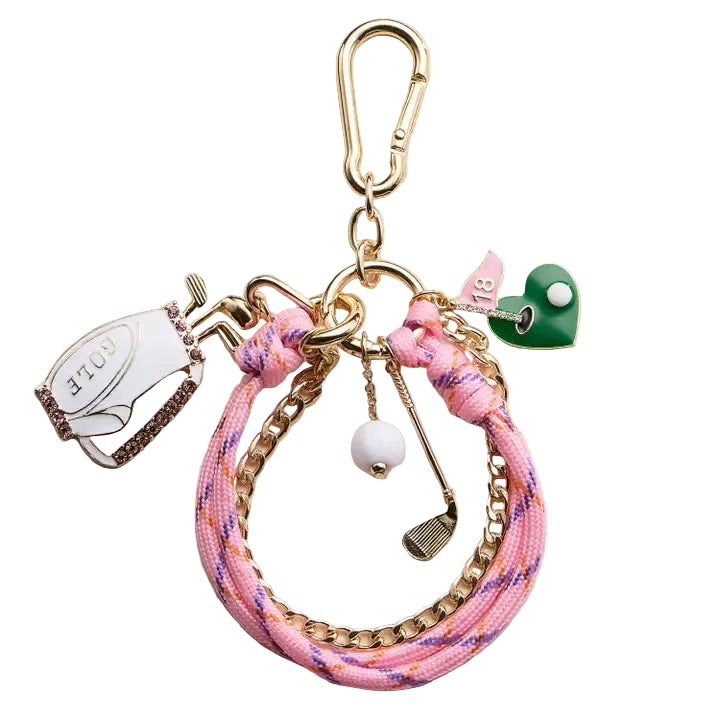 FREM - PINK GOLF CHARM KEYCHAIN BRACELET BEADED WRISTLET WITH GOLF BAG & FLAG CHARMS