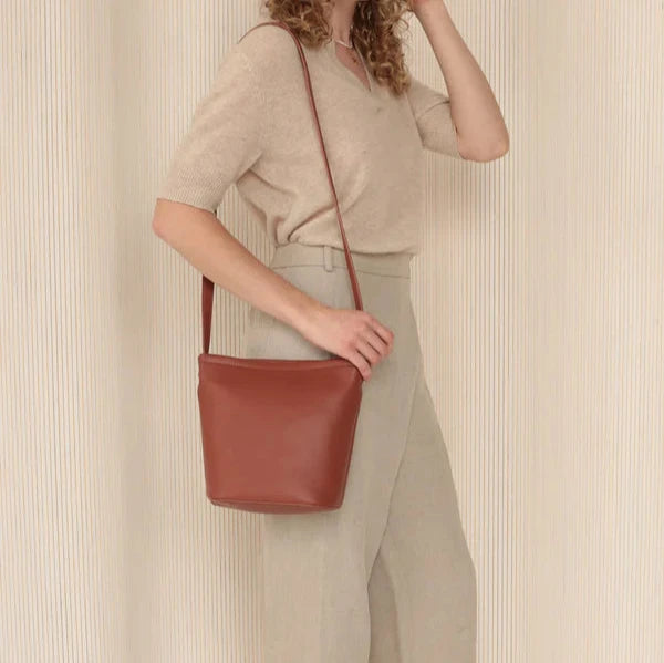 ELA HANDBAGS - MINI MIA BAG IN WALNUT PEBBLED VEGAN LEATHER