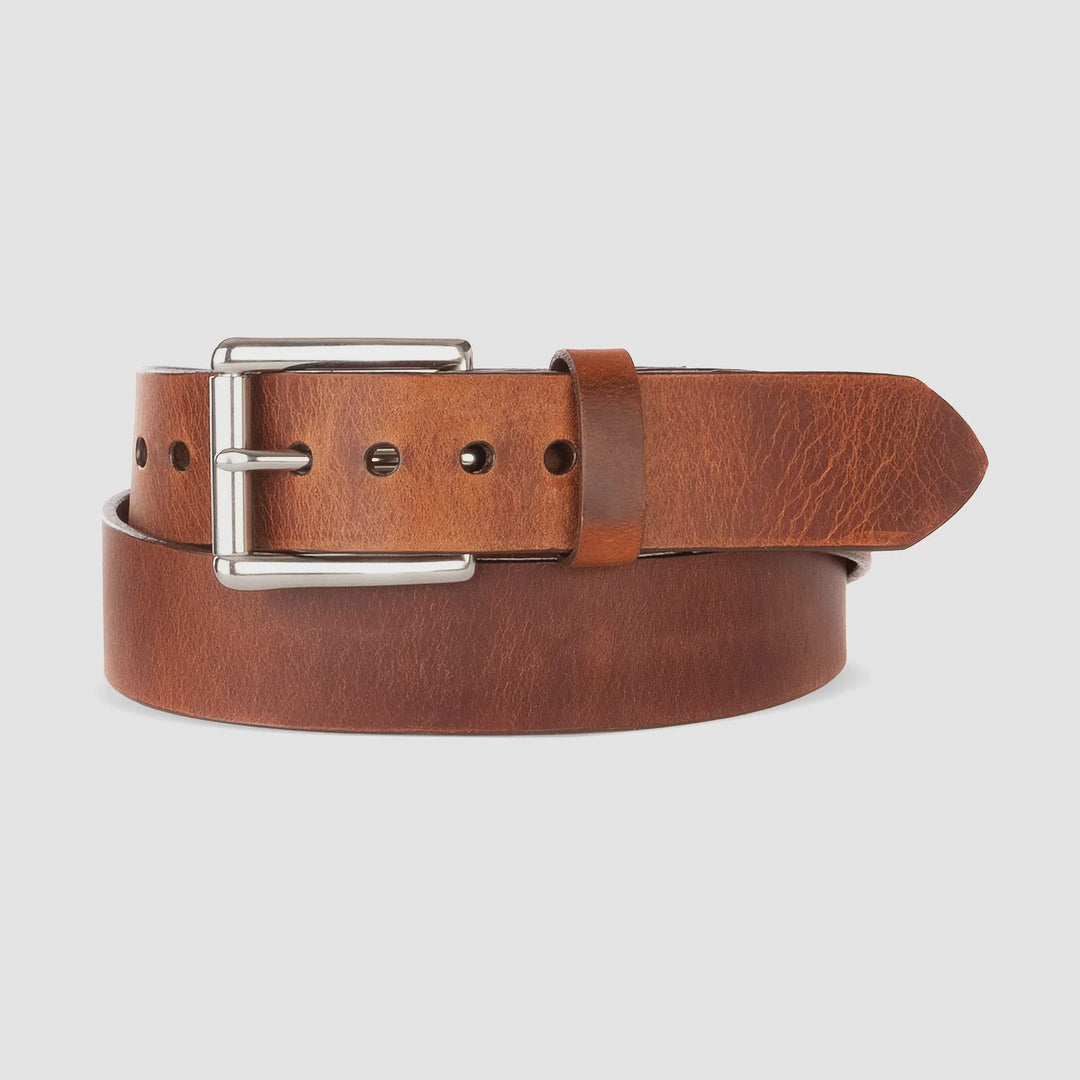 BRAVE LEATHER - MEN'S CLASSIC LEATHER BELT IN BRANDY/SILVER