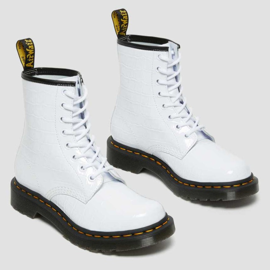DR. MARTENS - 1460 PATENT CROC EMBOSSED BOOTS IN WHITE LEATHER