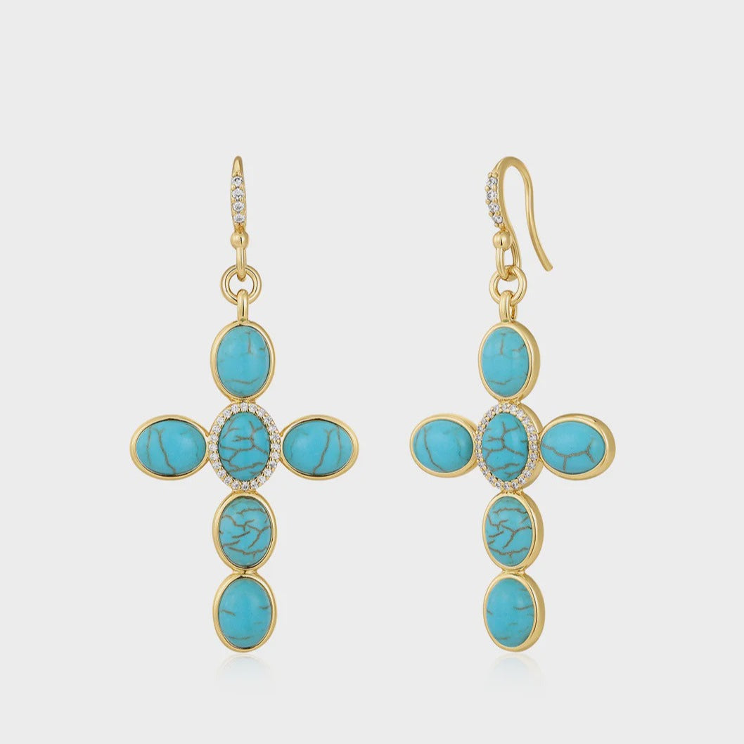 LUV AJ - TURQUOISE CROSS EARRINGS IN GOLD
