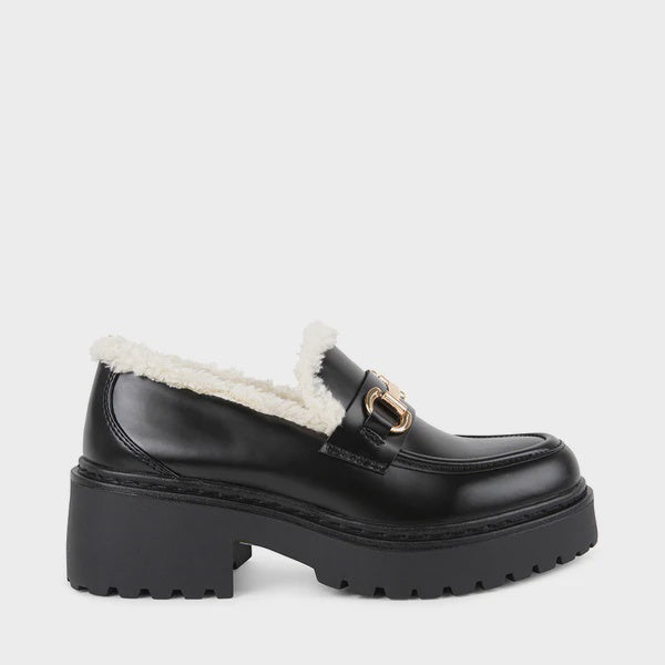 STEVE MADDEN - APPROACH FUR LOAFER IN BLACK SYNTHETIC LEATHER