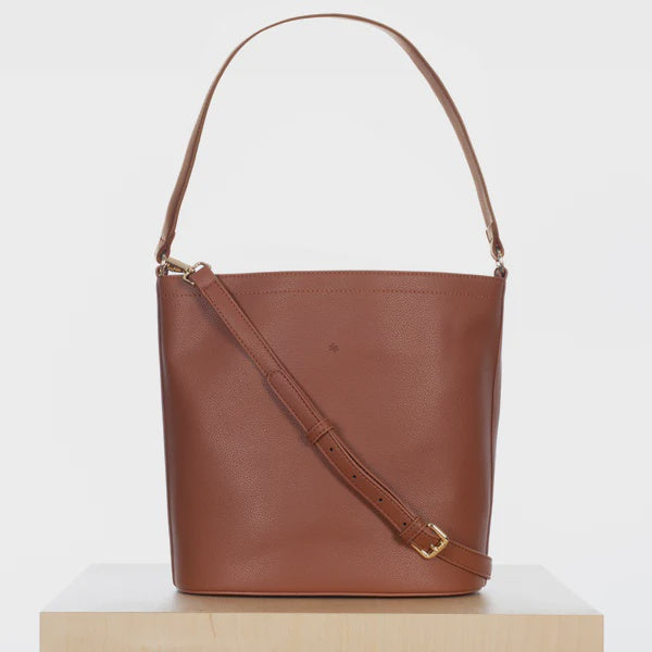 ELA HANDBAGS - MIA BUCKET BAG IN WALNUT PEBBLED VEGAN LEATHER