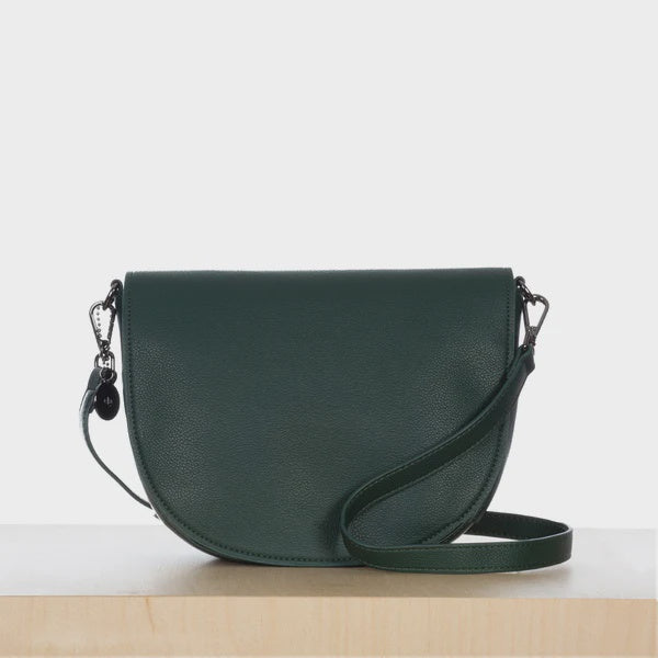 ELA HANDBAGS - MINI SADDLE BAG IN FOREST GREEN PEBBLE VEGAN LEATHER