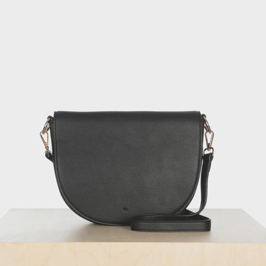 ELA HANDBAGS - MINI SADDLE BAG IN BLACK PEBBLE VEGAN LEATHER